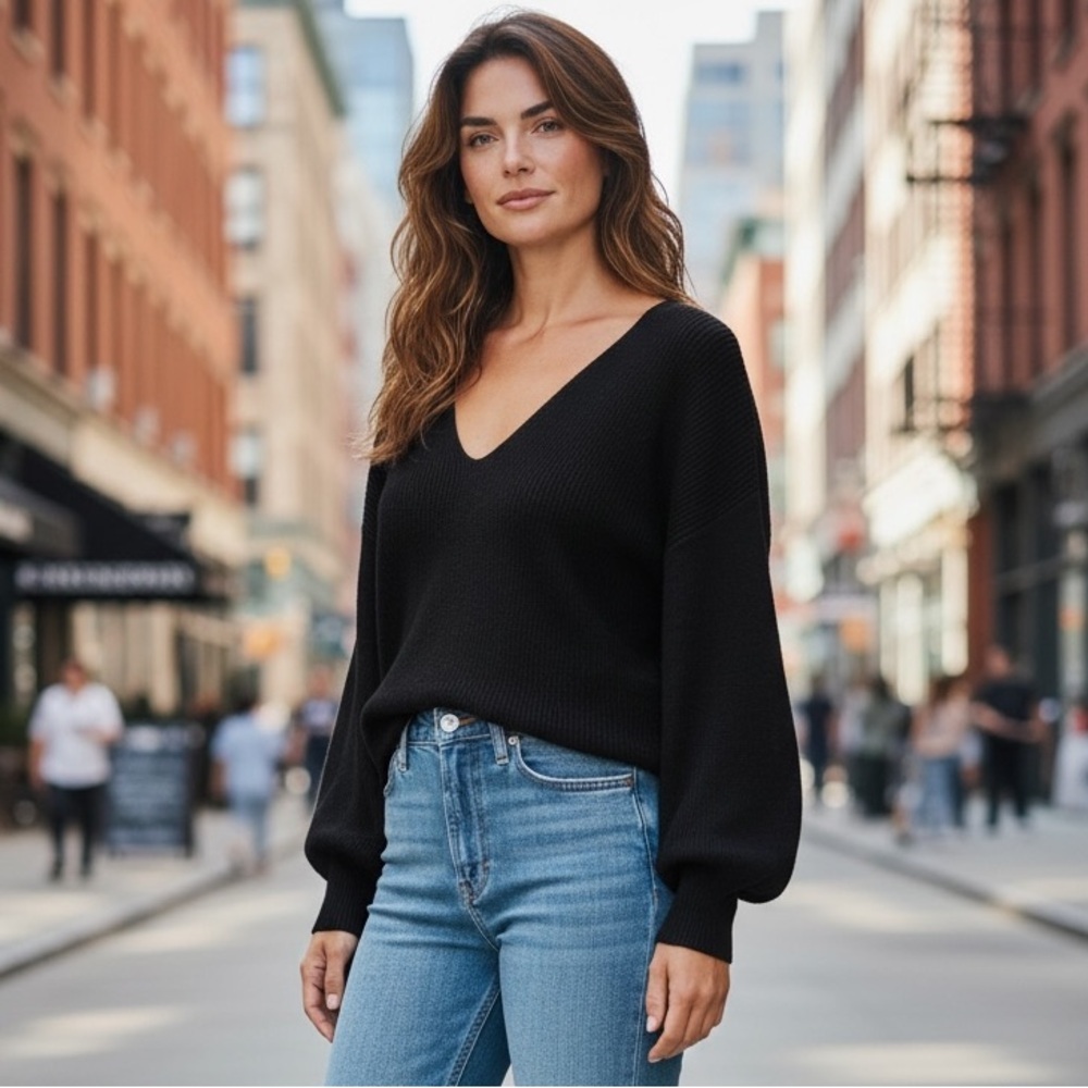 Dynamite Black V-Neck Sweater balloon sleeve xs